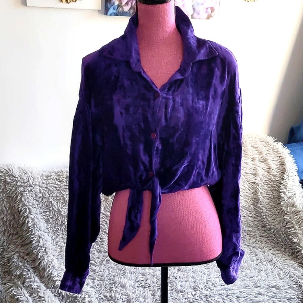 Vintage 100% Rayon Crushed Velvet Long Sleeve Crop Top Tie Button Made in India